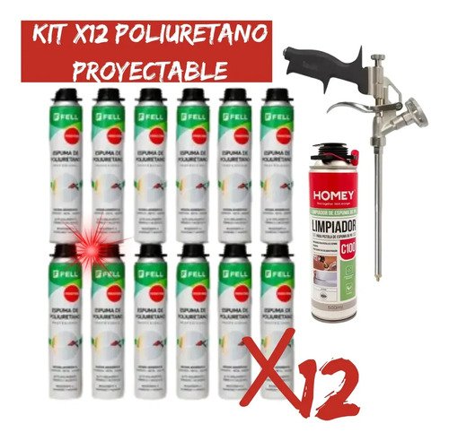 Kit Espuma Proyectable X12 + Pistola Y Limpiador Poliuretano