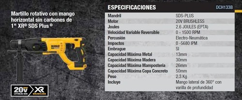 Rotomartillo Sds Plus 1 Pul 20 V Inalambrico Dewalt Dch133b Amarillo/negro - Imagen 3