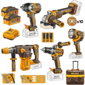 kit Combo Ingco: Taladro atornillador percutor + Llave Impacto + amoladora + Rotomartillo