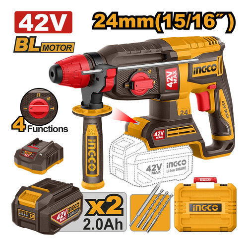 Rotomartillo Bateria 42v 2ah 24mm Sds Plus 2.4j Ingco - Imagen 2