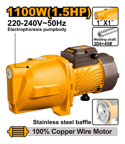 Bomba Jet Ingco 1100w Jet Autocebante 70l/min - Imagen 2