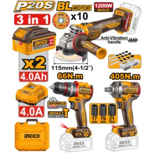 Kit Combo 20v 3 En 1 C/ Bateria 4ah + Carg Rapido Ingco