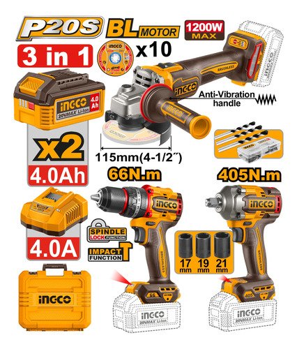 Kit Combo 20v 3 En 1 C/ Bateria 4ah + Carg Rapido Ingco