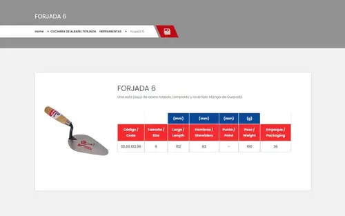 Cuchara Albañil Forjada Gherardi N°6 - Imagen 2