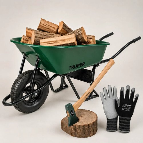Kit Carretilla Truper 70l+ Hacha Rajar 6lb+ Guantes Trabajo