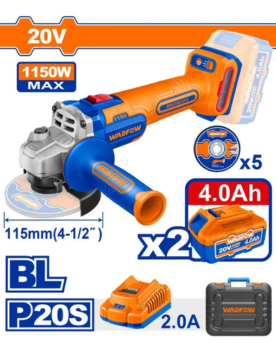 Amoladora 115mm 20v + Valija Wadfow Wlapb522 - Imagen 2
