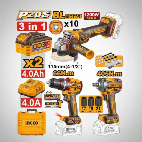 Kit Combo 20v 3 En 1 C/ Bateria 4ah + Carg Rapido Ingco - Imagen 2