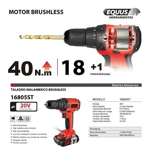 Taladro Atornillador Inalambrico Equus Brushless 20v Color R - Imagen 6