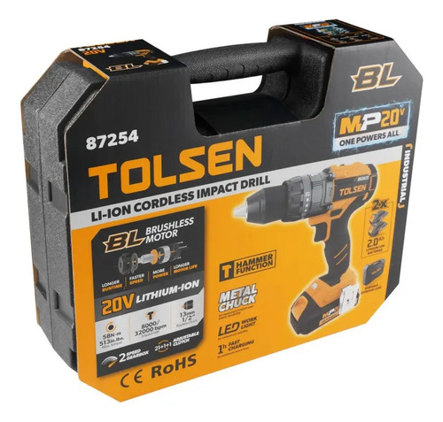 Taladro 13mm 20v S/carb 2 Bat. Y Carg. Tolsen Negro - Imagen 2