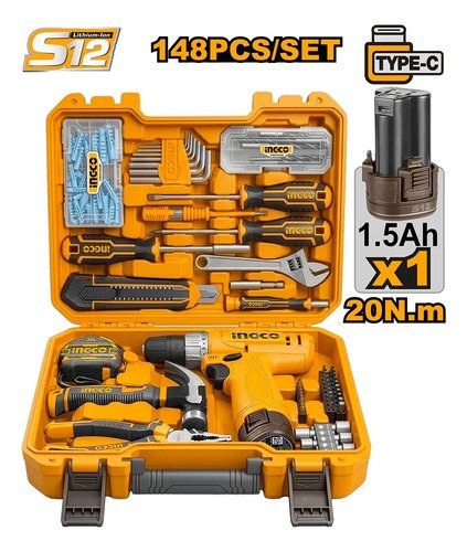 Kit de destornilladores Ingco 148 piezas 12 V P20s 20 nm