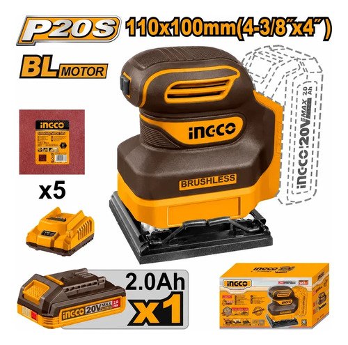 Lijadora Orbital Bateria 20v 110mm 2.0ah Ingco Cshsli20241