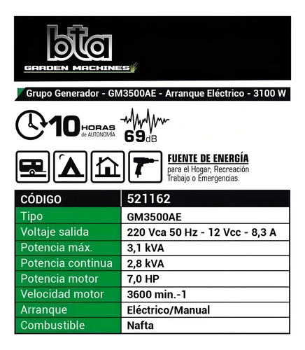 Generador Portátil BTA Tools 3500 3100W Nafta Arranque Eléctrico AVR 4 Tiempos - Imagen 3