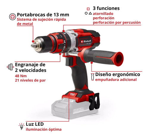 Taladro percutor atornillador inalámbrico de 13mm Einhell TE-CD 18/48 Li-i Solo + accesorio - Imagen 2