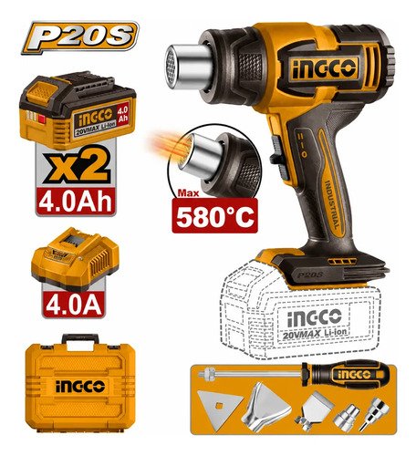 Pistola De Calor A Bateria 20v 580°c Con Accesorios Ingco