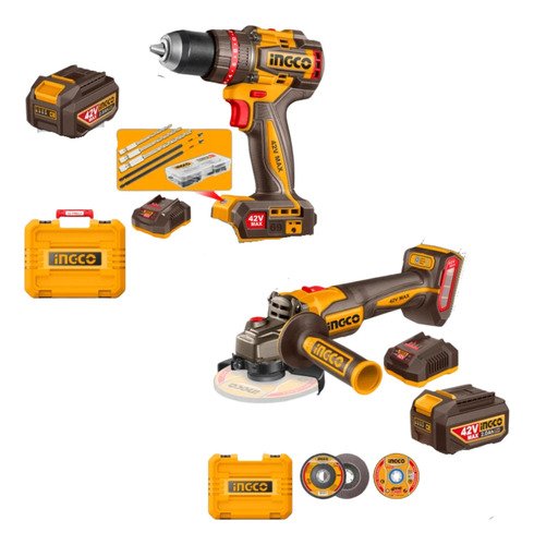 Kit Ingco Taladro Y Amoladora Inalámbricos 42v Con Accesorio