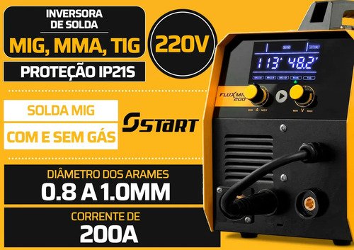 Máquina Inversora De Soldadura Sinérgica Start Flux Mig 200a 3 En 1 Mig Tig Mma Con Antorcha De Gas, Rímel, Alambre Y Accesorios Amarillo - Imagen 10