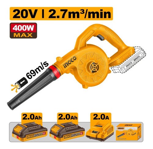Sopladora 20v 2.7m3/min Bat Y Cargador Ingco Cabli20782 Amarillo - Imagen 2