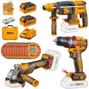 Combo Taladro Percutor 66nm + Rotomartillo + Amoladora Ingco Color Amarillo Frecuencia 20v