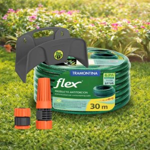 Manguera Flex 30 M Tramontina + Soporte Pared + Kit Conector Verde