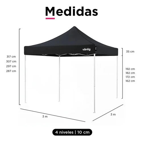 Toldo Gazebo 3x3 Plegable Fiesta Retractil Americano Vanlig® Color Negro - Imagen 8