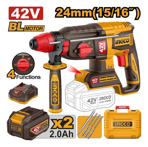 Rotomartillo Bateria 42v 2ah 24mm Sds Plus 2.4j Ingco Amarillo 50 - Imagen 2