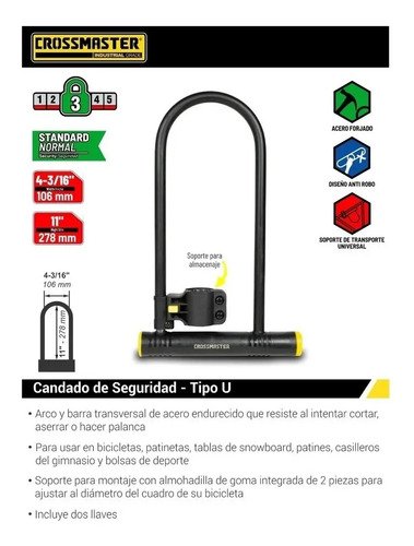 Candado De Seguridad Tipo U 106 Mm Crossmaster 9933402 Negro - Imagen 2