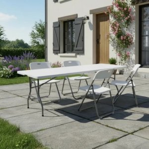 Mesa Plegable Blanca De 180cm Y 4 Sillas Para Exterior Blanco