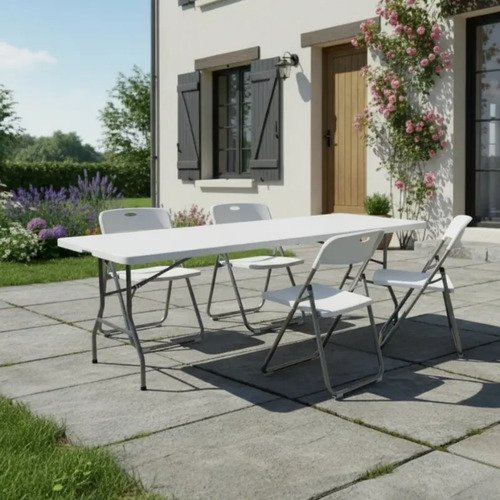 Mesa Plegable Blanca De 180cm Y 4 Sillas Para Exterior Blanco