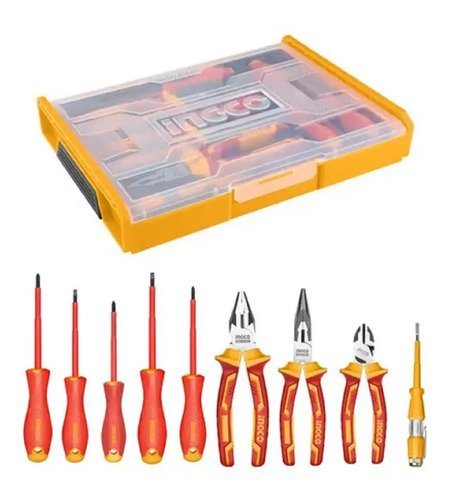Set De 9 Herramientas Aisladas Electricista Ingco Con Maleta Rojo Y Amarillo