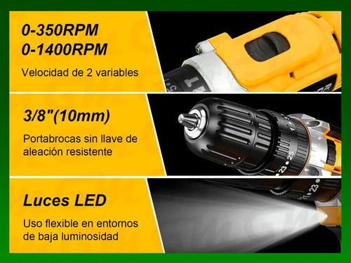 Kit Taladro Atornillador Inalámbrico 21v+extensor 24 Piezas, Reto Percutor Con 2 Baterías 21v Maletín De Traslado - Gastromena Amarillo 50hz/60hz - Imagen 3