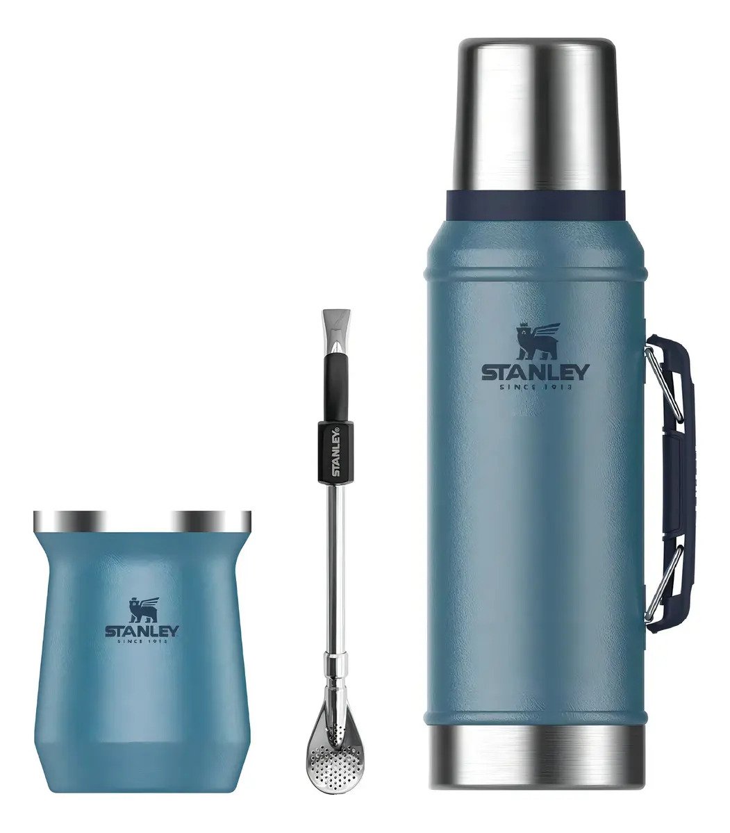 Combo Stanley Clásico, Termo Classic 940ml + Mate Acero Inox. 230ml + Bombilla - Azul Hammertone