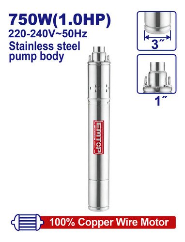 Bomba Sumergible Tipo Gusano 750w 1hp 103mts Emtop Plateado - Imagen 2