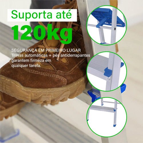 Escalera Doméstica Plegable Mor De Aluminio Con 4 Escalones Y 1.41 M Plateado Y Azul - Imagen 3