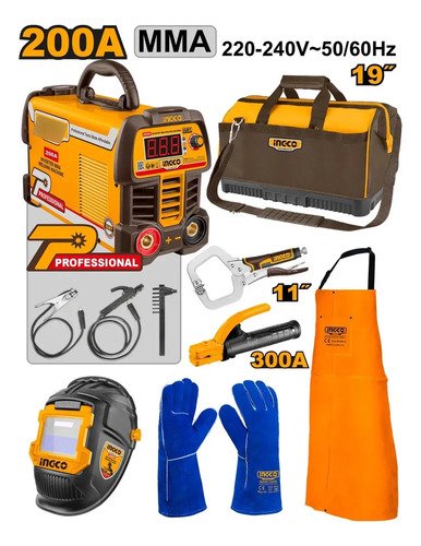 Soldadora Inverter Mma 200 Careta Delantal Accesorios Ingco Amarillo - Imagen 2