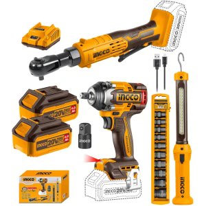 Combo Ingco Llave Impacto + Crique + Linterna + Accesorios Color Naranja Oscuro
