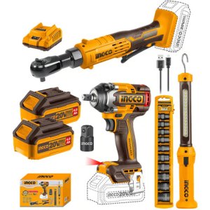 Combo Ingco Llave Impacto + Crique + Linterna + Accesorios Color Naranja Oscuro