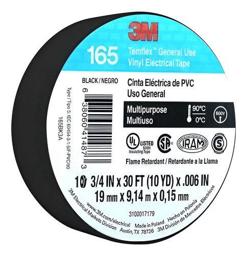 Cinta Aislante 1500 Temflex Negra 19 Mm X 9.14 Mts Color Negro Liso