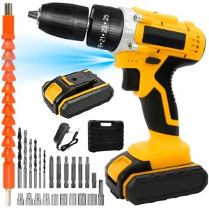 Kit Taladro Atornillador Inalámbrico 21v+extensor 24 Piezas, Reto Percutor Con 2 Baterías 21v Maletín De Traslado - Gastromena Amarillo 50hz/60hz