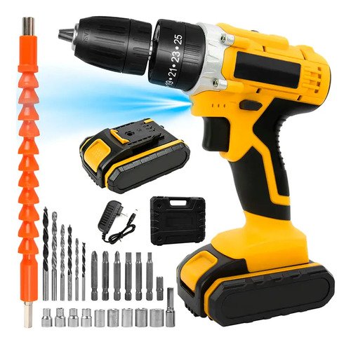 Kit Taladro Atornillador Inalámbrico 21v+extensor 24 Piezas, Reto Percutor Con 2 Baterías 21v Maletín De Traslado - Gastromena Amarillo 50hz/60hz