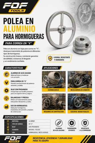 Polea En Aluminio Para Hormigoneras Trompo X2 Varias Medidas - Imagen 2