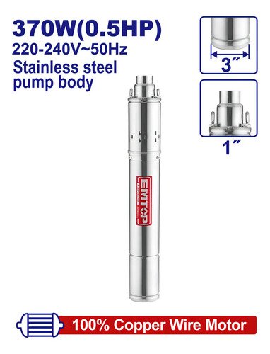 Bomba Sumergible Tipo Gusano 370w 0.5hp 72mts Emtop Plateado - Imagen 2