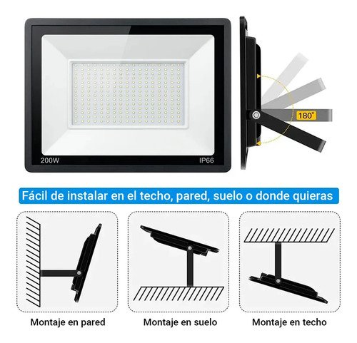 Foco Led De 200w Reflector Luz Blanca, Exterior, Ip66 Negro - Imagen 4