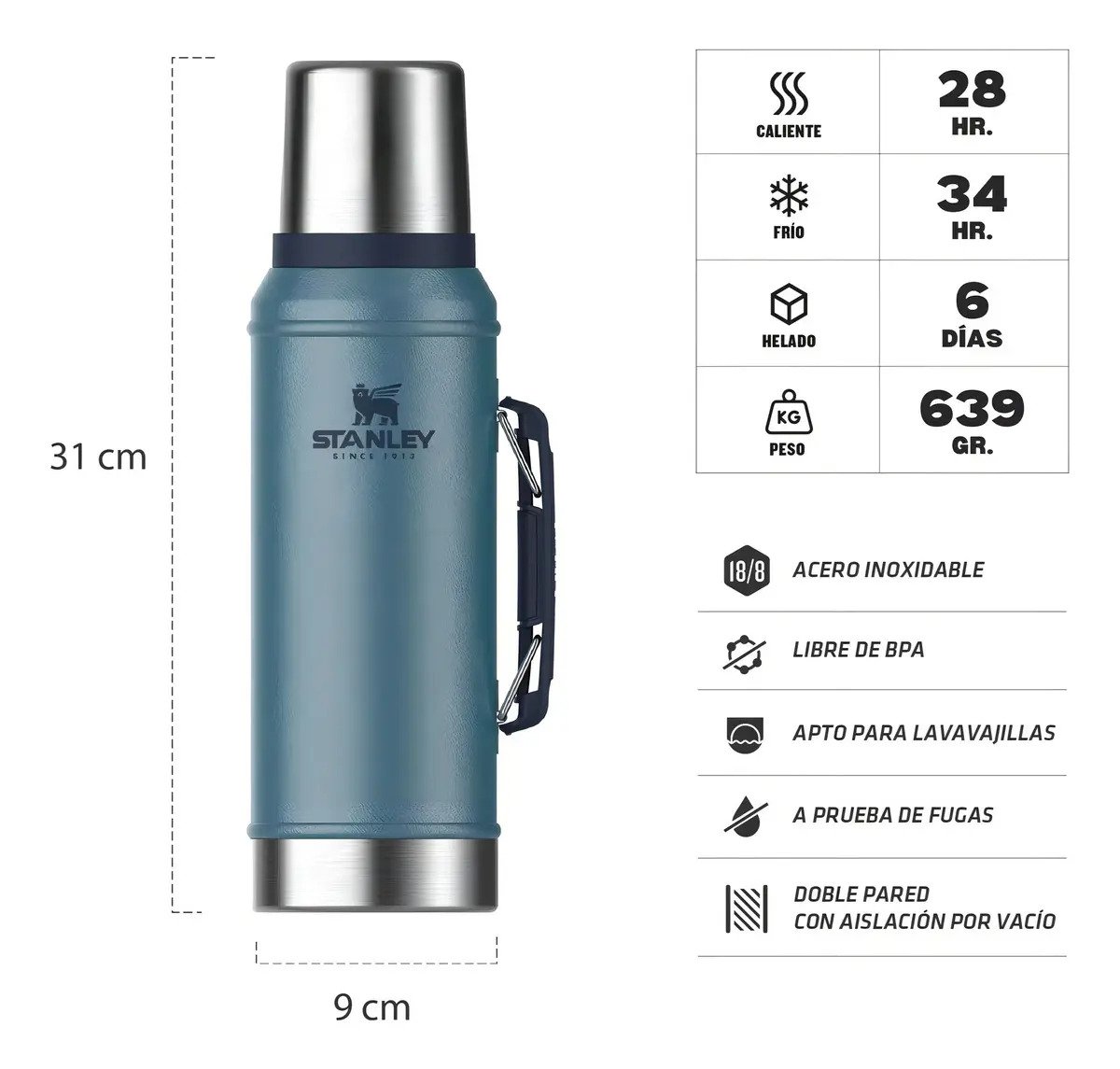 Combo Stanley Clásico, Termo Classic 940ml + Mate Acero Inox. 230ml + Bombilla - Azul Hammertone - Imagen 5