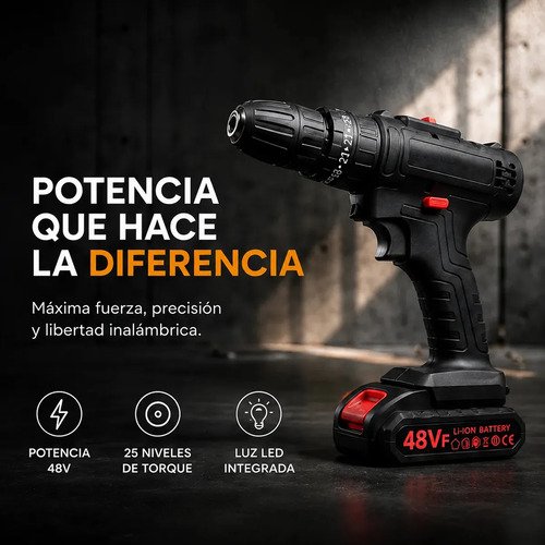 Taladro Percutor Atornillador + 2 Baterías Inalámbrico Negro - Imagen 2