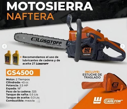 Motosierra Nafta Lusqtoff 45cc 2.5hp Esp. 18' Carlton Walbro Naranja - Imagen 4