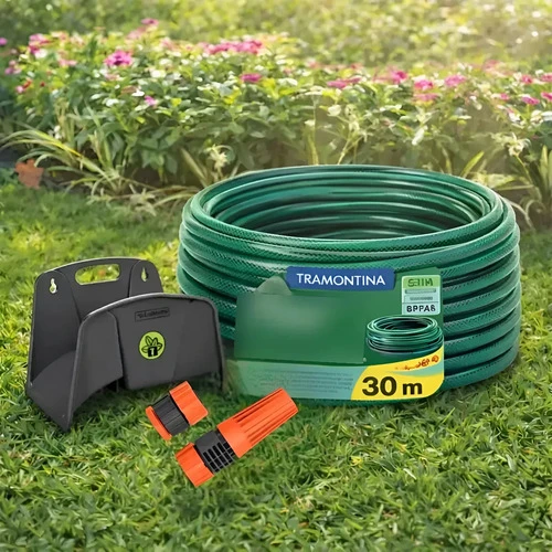 Kit Manguera Malla 30mt C/soporte Puntero Riego Tramontina Verde Musgo