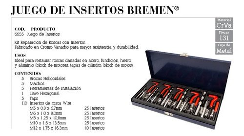 Kit Reparador Roscas Insertos Machos Mechas Bremen® 6655 Rojo - Imagen 6