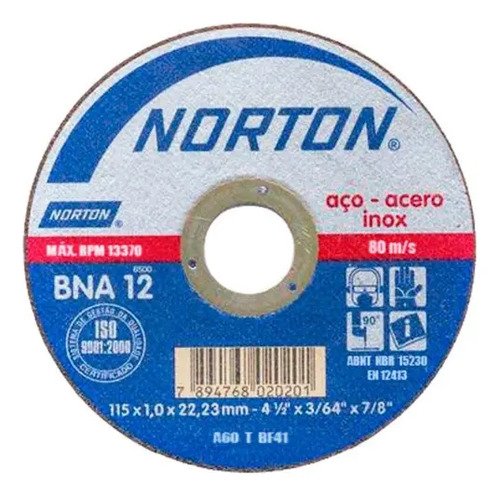 Disco De Corte Para Acero Inoxidable 4.1/2x1.0 Bna 12 Cx/25 Piezas Norton