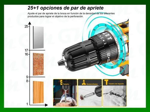 Kit Taladro Atornillador Inalámbrico 21v+extensor 24 Piezas, Reto Percutor Con 2 Baterías 21v Maletín De Traslado - Gastromena Amarillo 50hz/60hz - Imagen 6