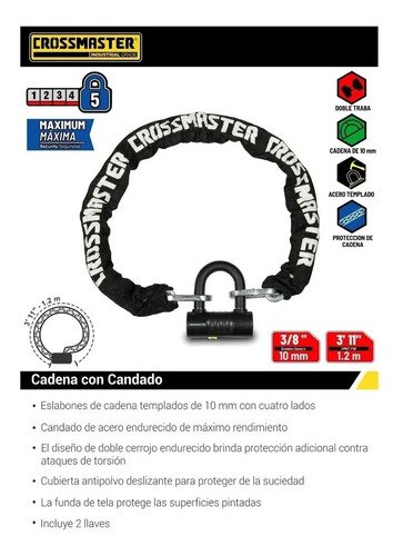 Cadena 1.2m Con Candado Crossmaster Calidad Bici Moto Linga Negro - Imagen 2